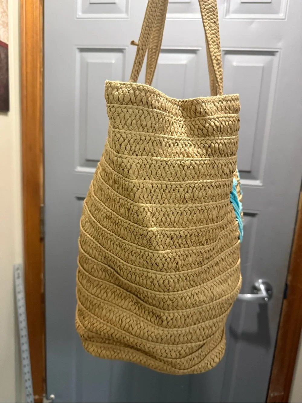 Kasa Style Oversized Straw Beach Tote Bag Teal Blue ESCAPE Embroidered Woven